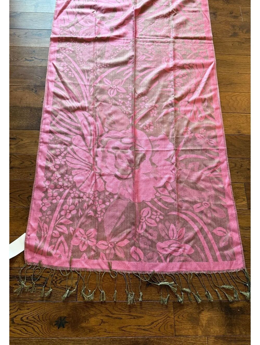 Vintage Jerusalem Souvenir Floral Shawl Scarf Pink Brown Fringe 69 x 26